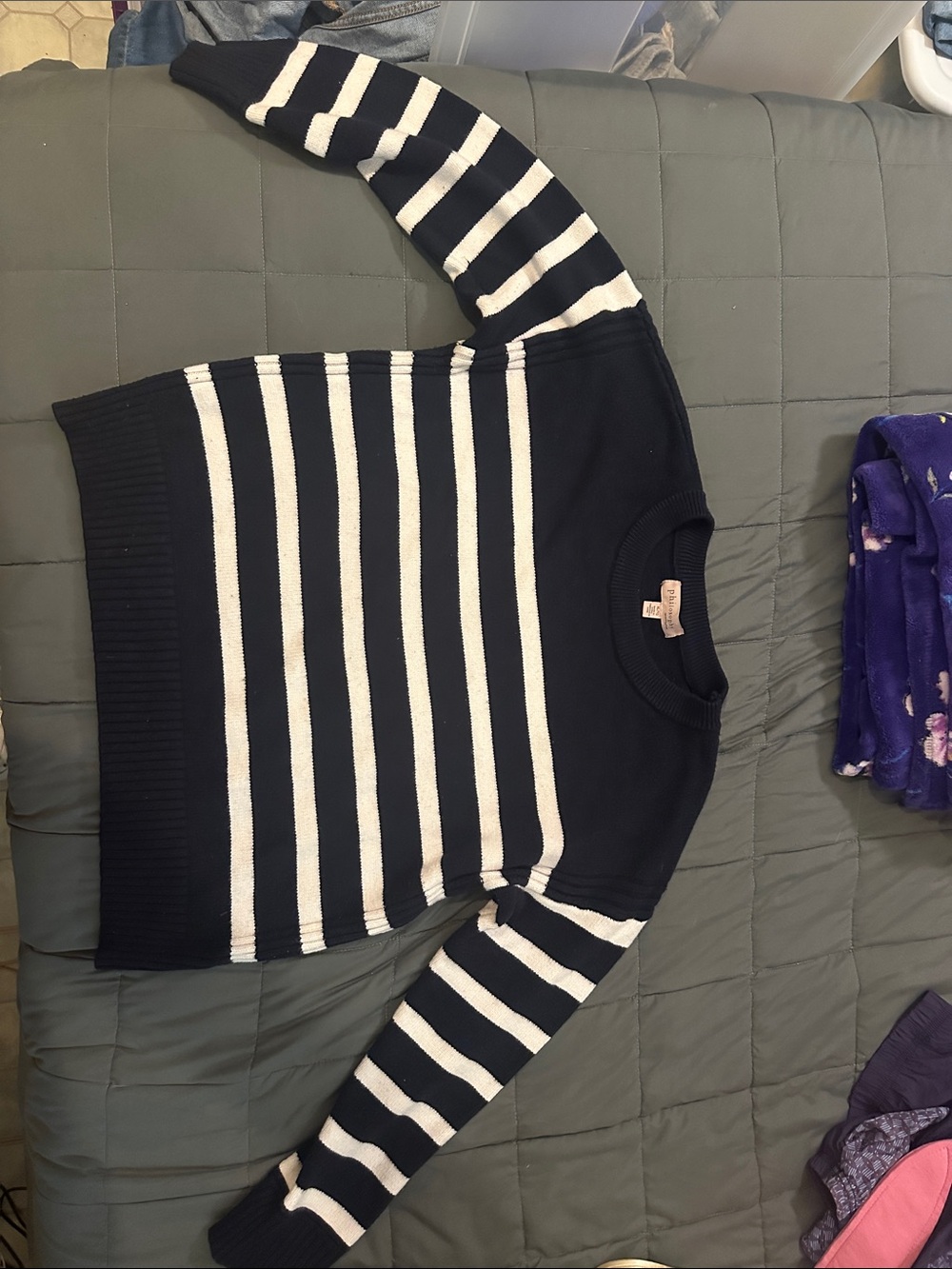 Philosophy Navy and White Striped Crewneck Sweater